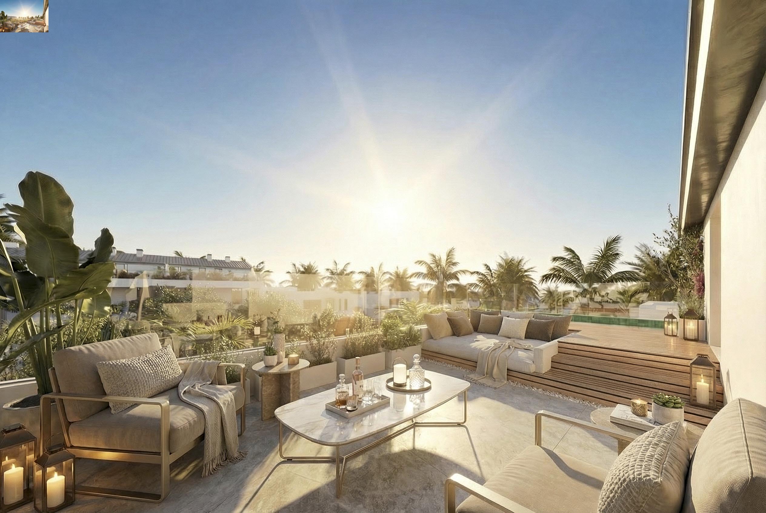Rooftop lounge seating at sunset