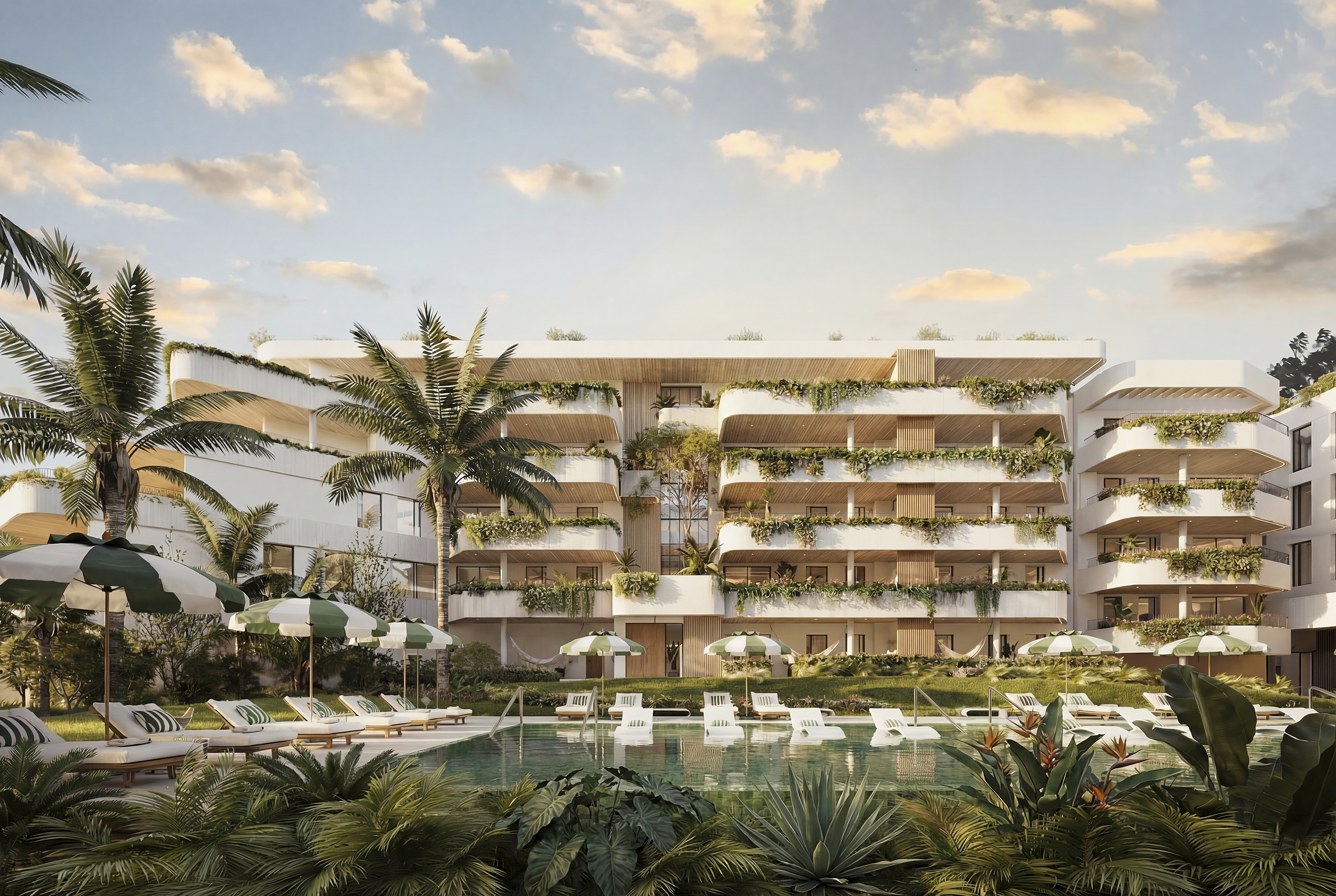 Resort-style residential development in Marbella West with landscaped gardens and pools
